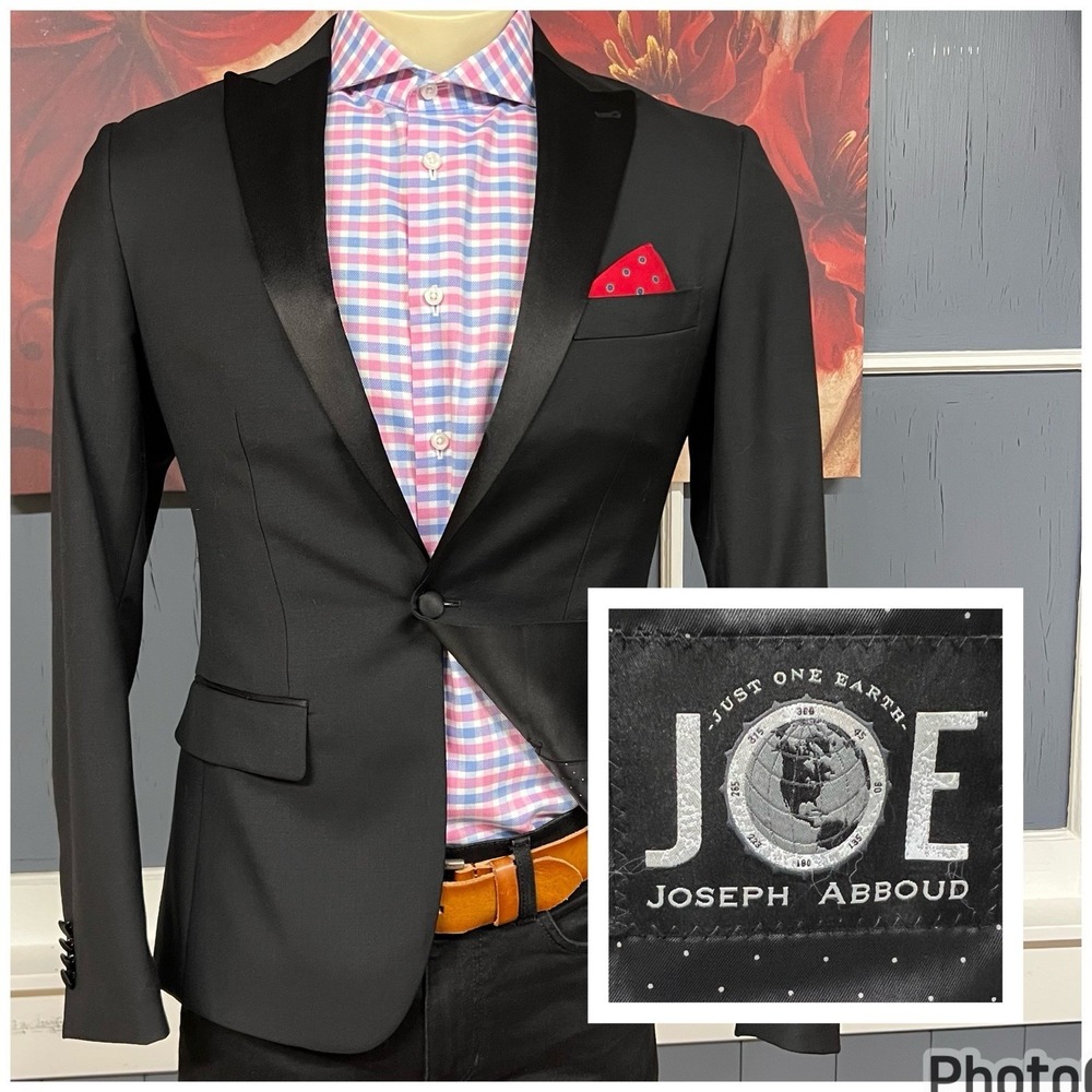 Joseph Abboud Custom Tuxedo Blazer Jacket Men 36R Slim Fit Wool Black Peak Lapel